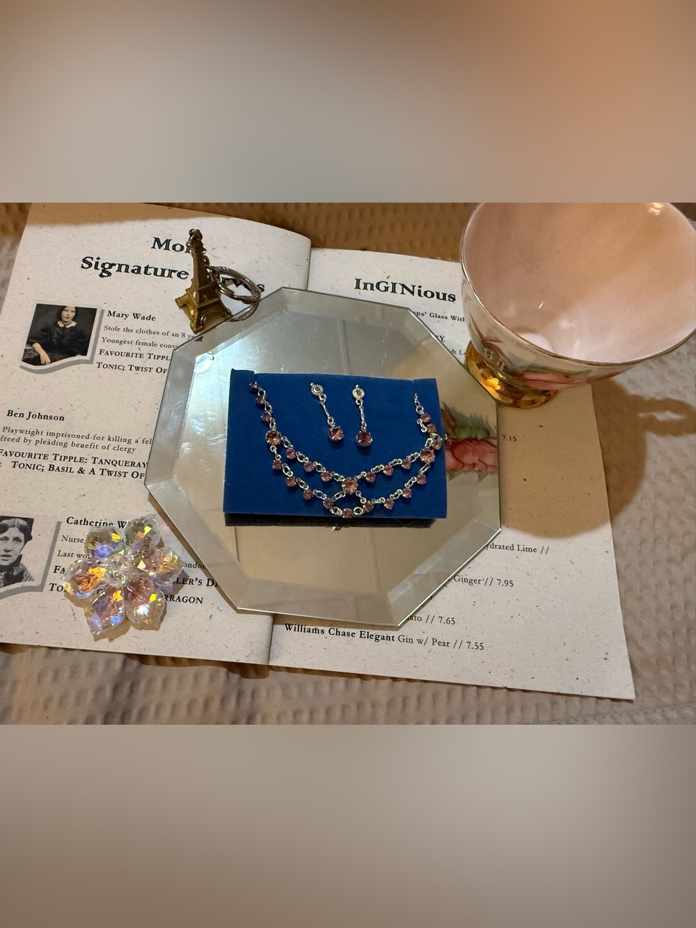 Avon Pink Rhinestone Statement Necklace & Drop Earrings Set Silver Tone